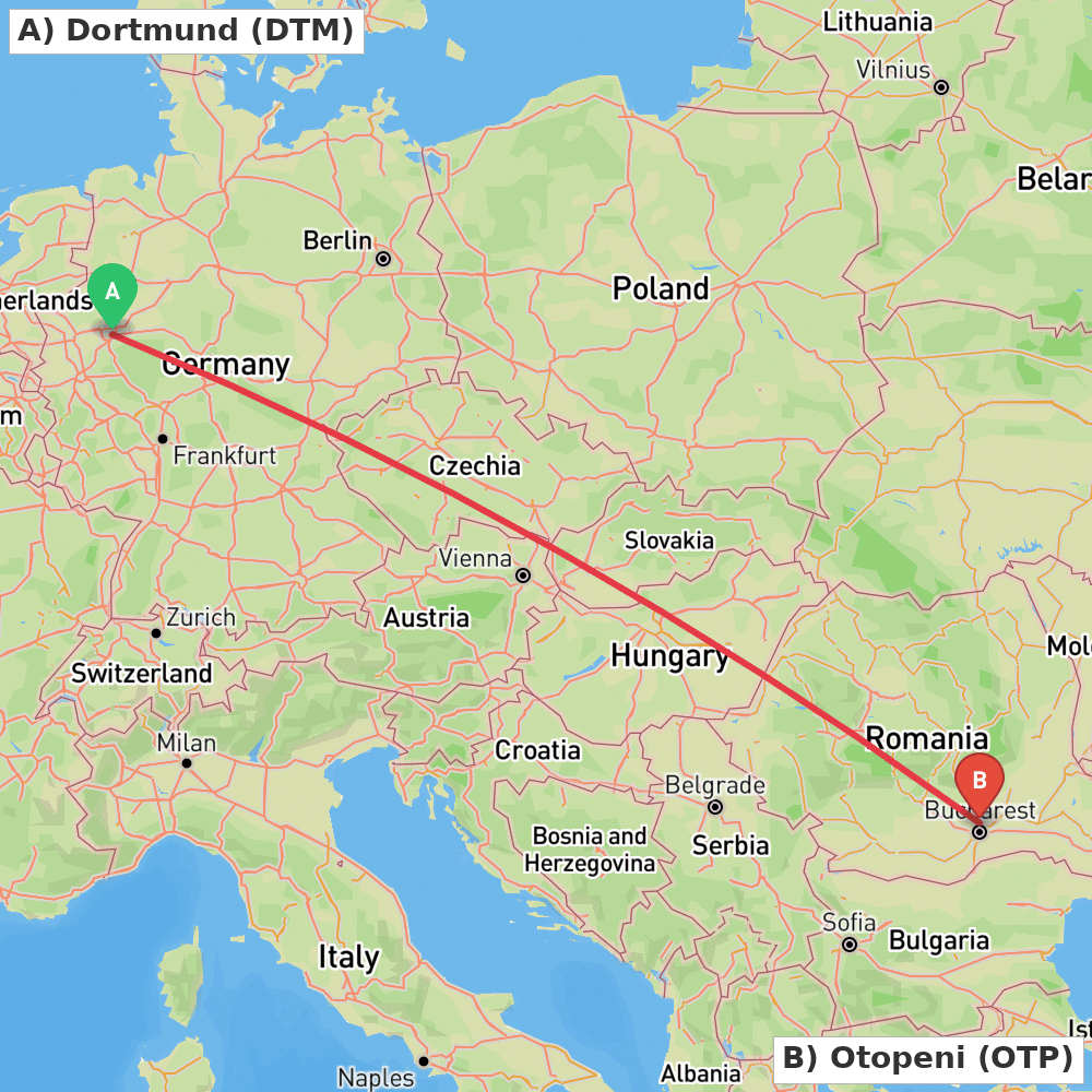 Flight route map from Dortmund to Otopeni