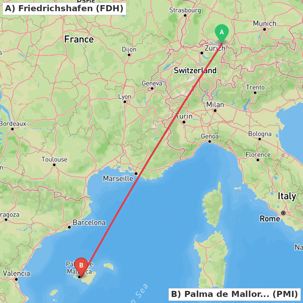 Flight route map from Friedrichshafen to Palma de Mallorca