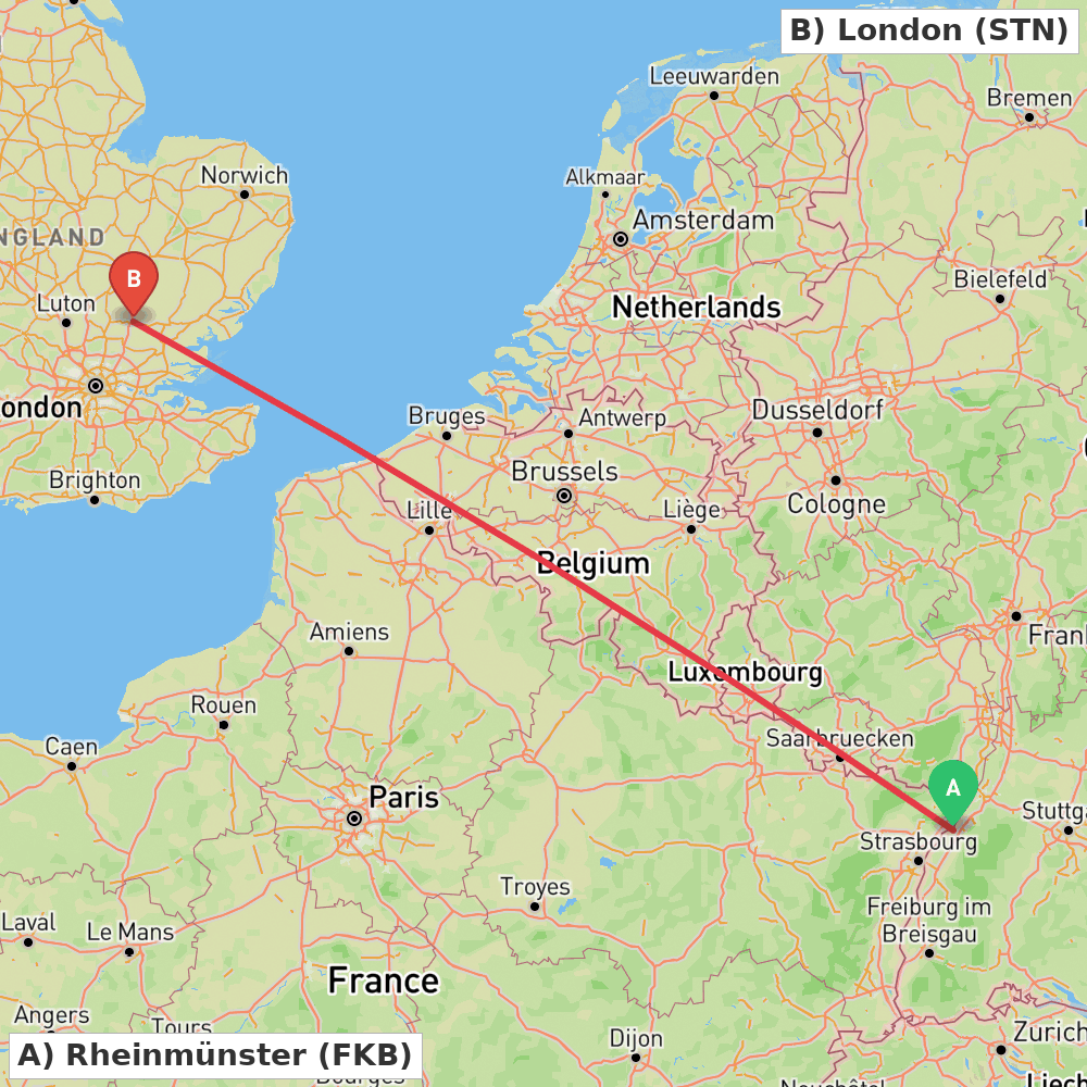 Flight route map from Rheinmünster to London