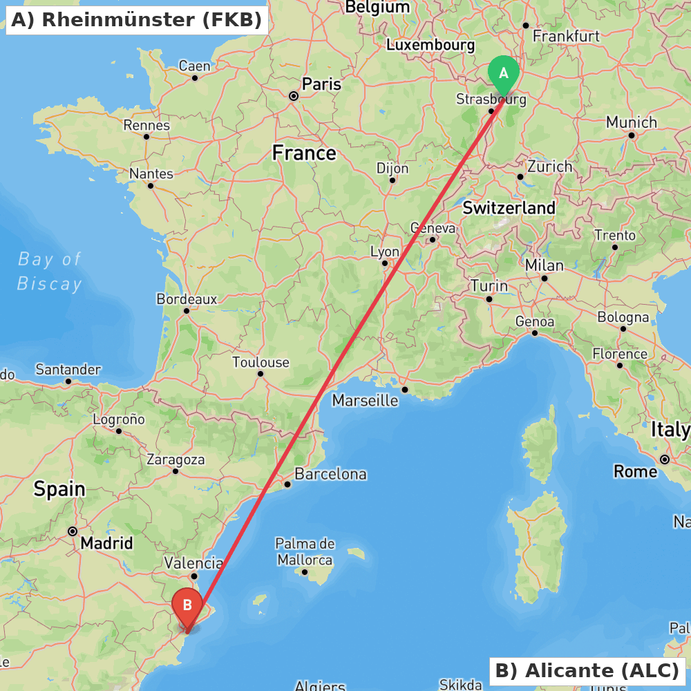 Flight route map from Rheinmünster to Alicante