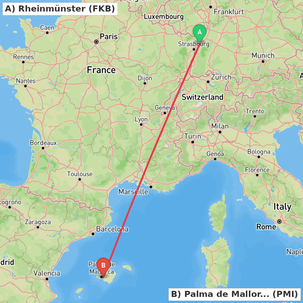 Flight route map from Rheinmünster to Palma de Mallorca