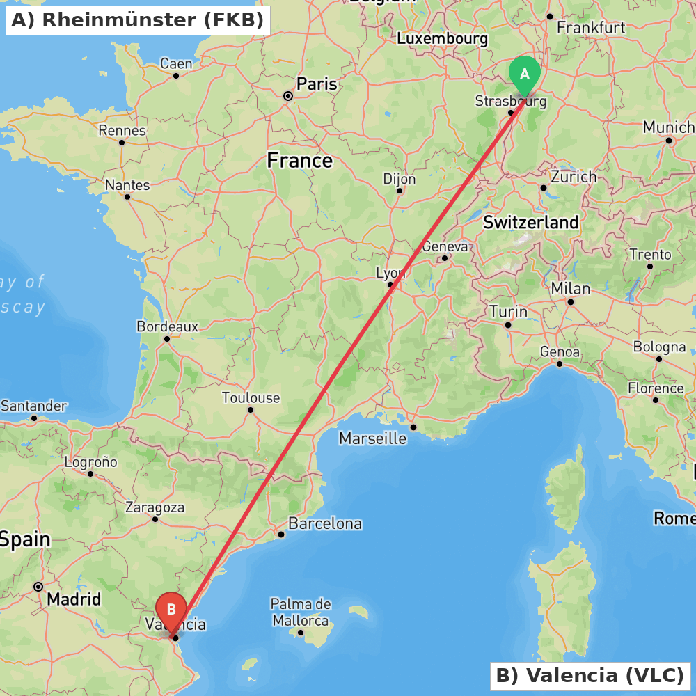 Flight route map from Rheinmünster to Valencia