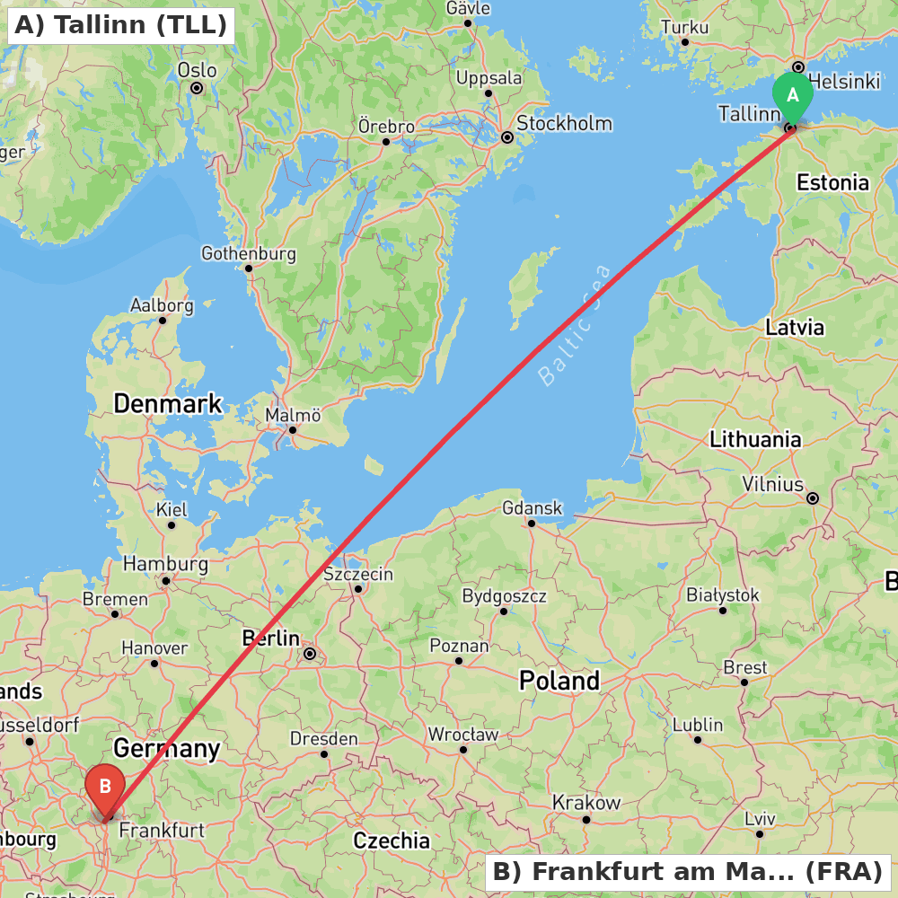 Flight route map from Tallinn to Frankfurt am Main