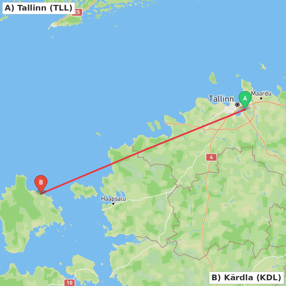 Flight route map from Tallinn to Kärdla