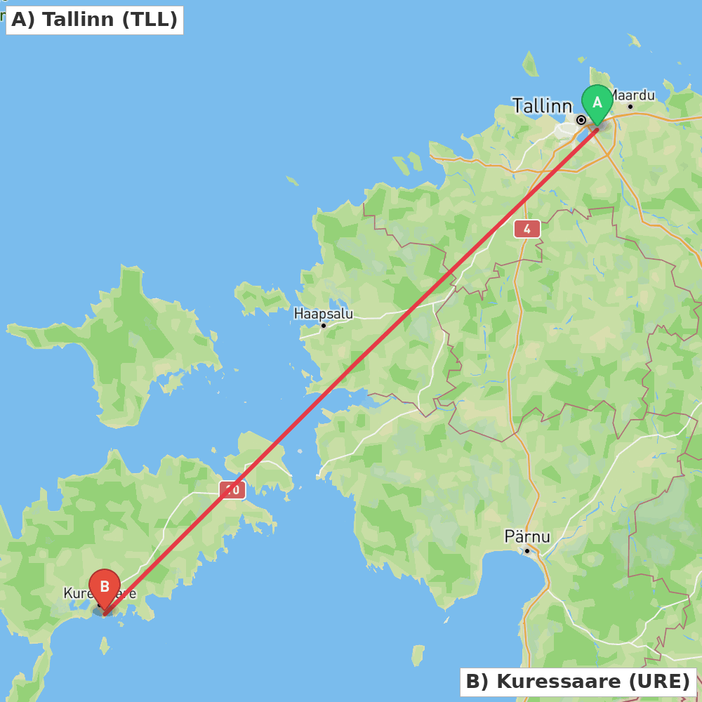 Flight route map from Tallinn to Kuressaare