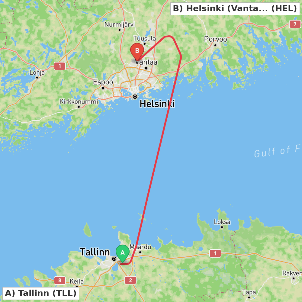 Flight route map from Tallinn to Helsinki (Vantaa)