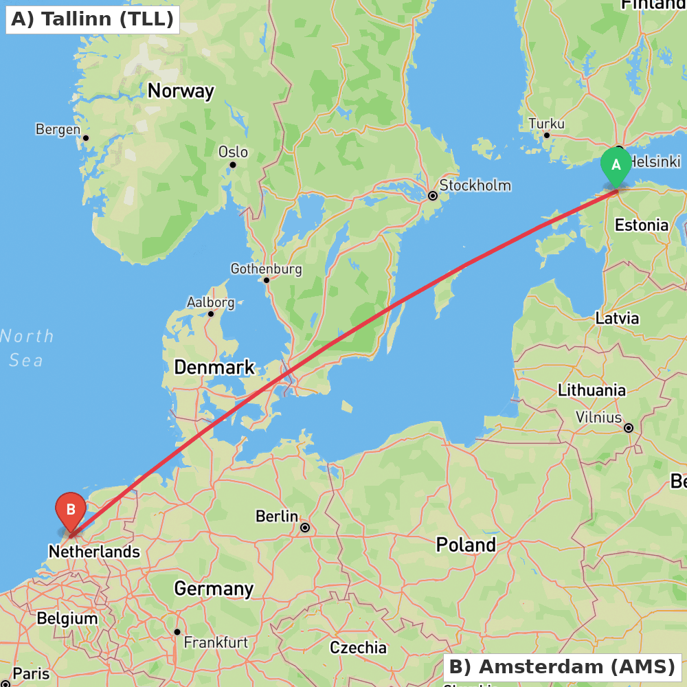 Flight route map from Tallinn to Amsterdam