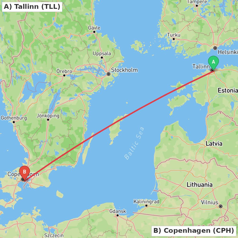 Flight route map from Tallinn to Copenhagen