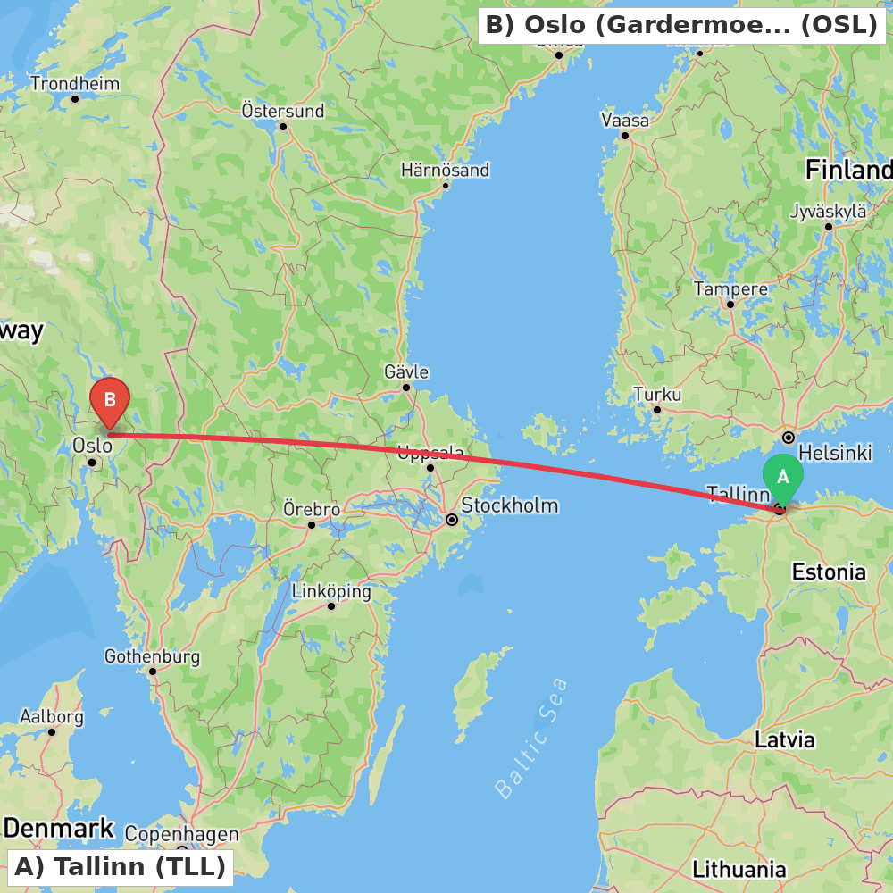 Flight route map from Tallinn to Oslo (Gardermoen)