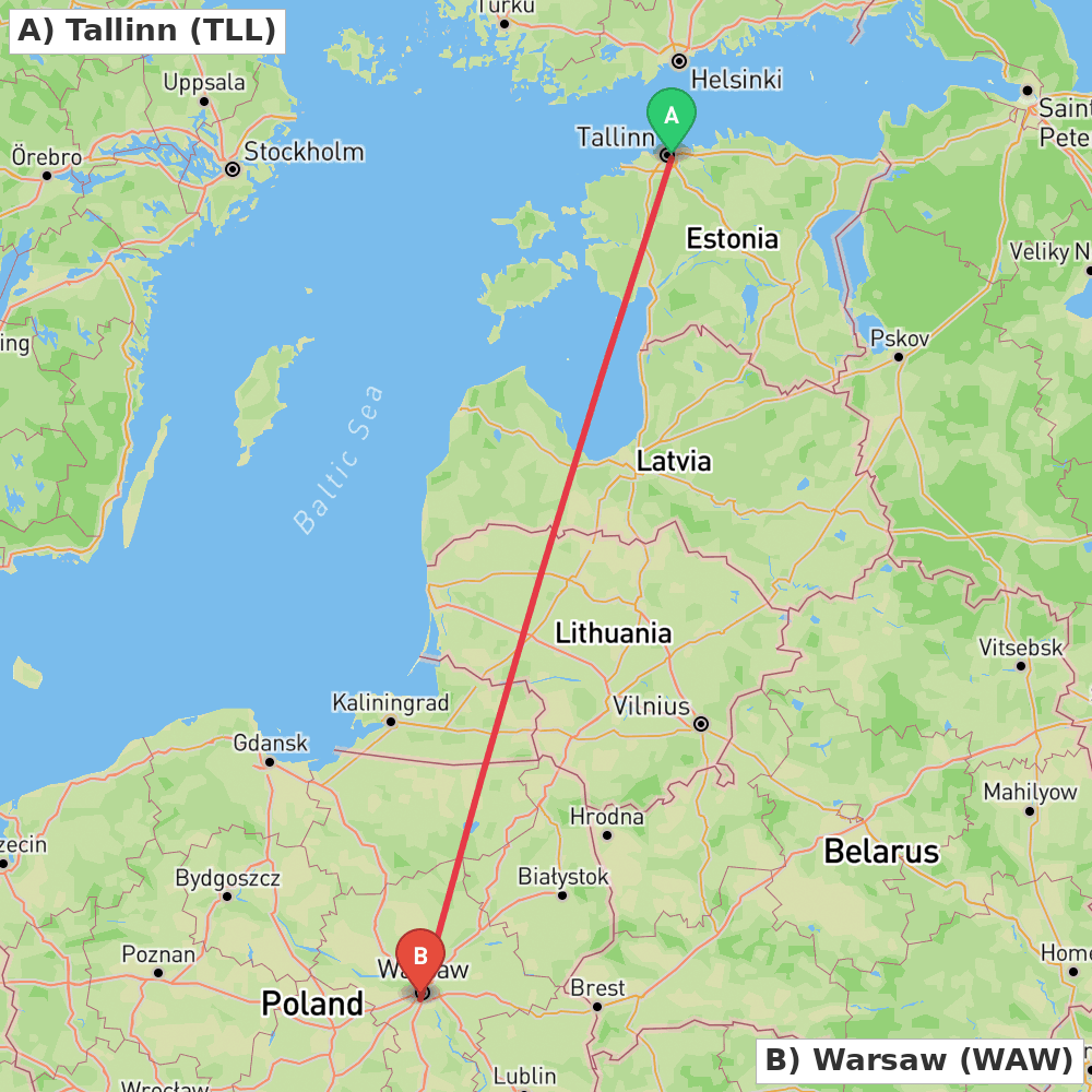 Flight route map from Tallinn to Warsaw