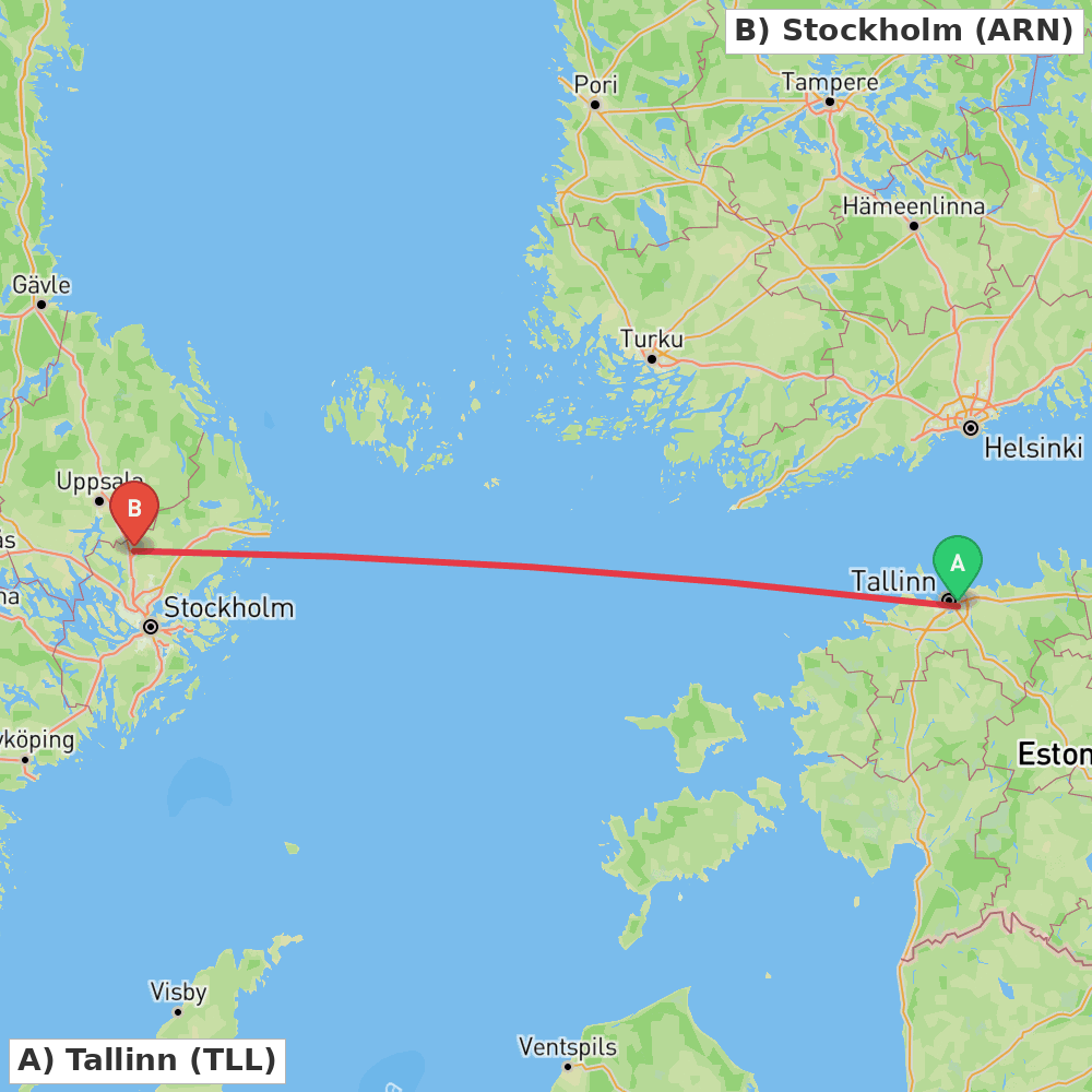 Flight route map from Tallinn to Stockholm