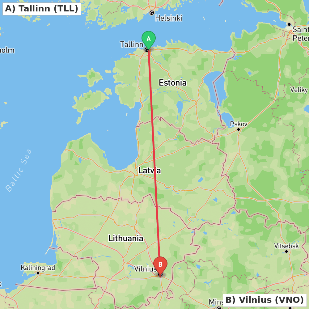 Flight route map from Tallinn to Vilnius