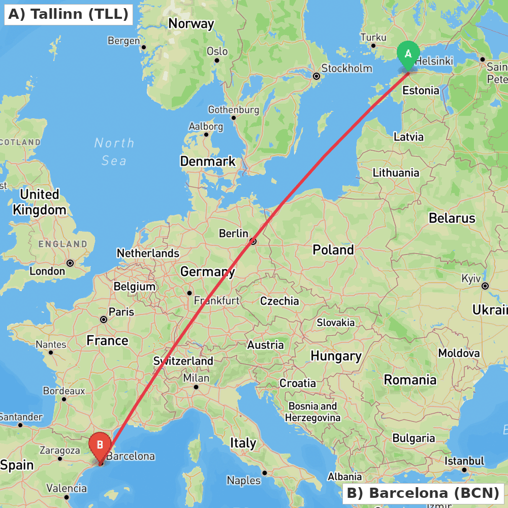 Flight route map from Tallinn to Barcelona