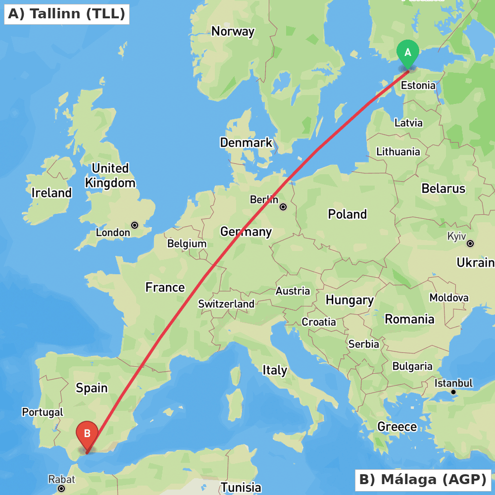 Flight route map from Tallinn to Málaga