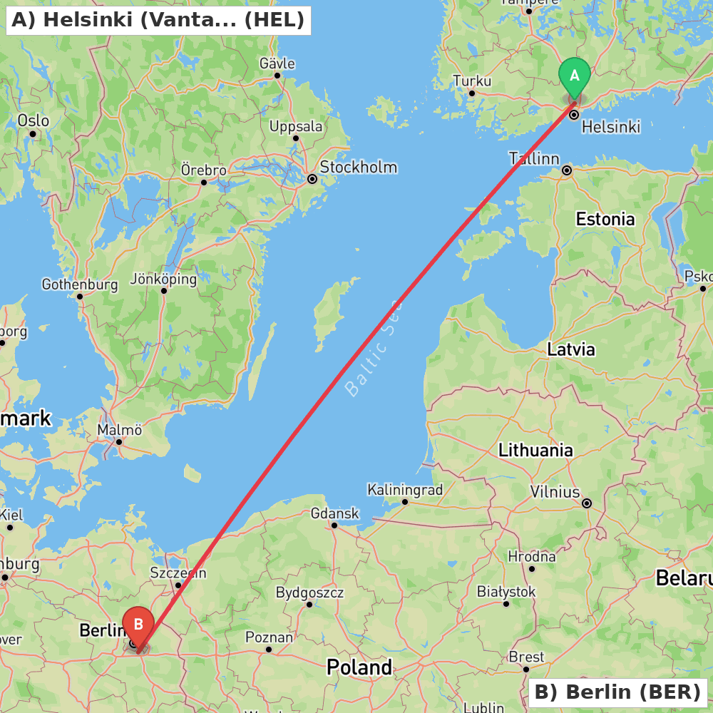 Flight route map from Helsinki (Vantaa) to Berlin