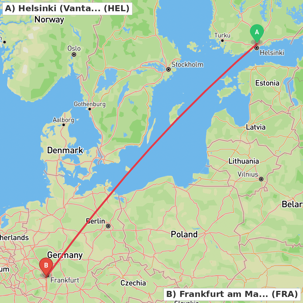 Flight route map from Helsinki (Vantaa) to Frankfurt am Main