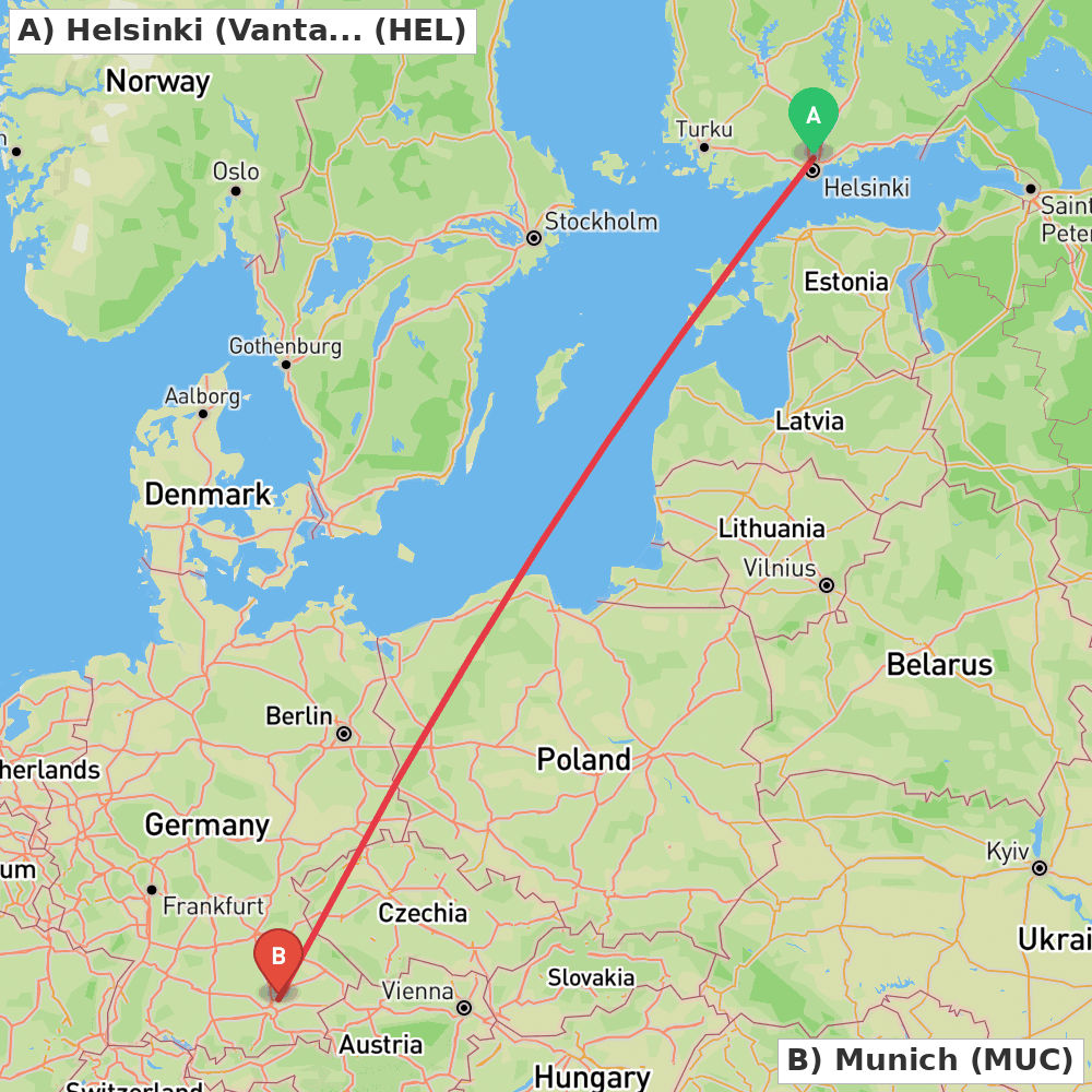 Flight route map from Helsinki (Vantaa) to Munich