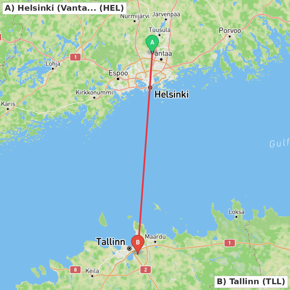 Flight route map from Helsinki (Vantaa) to Tallinn