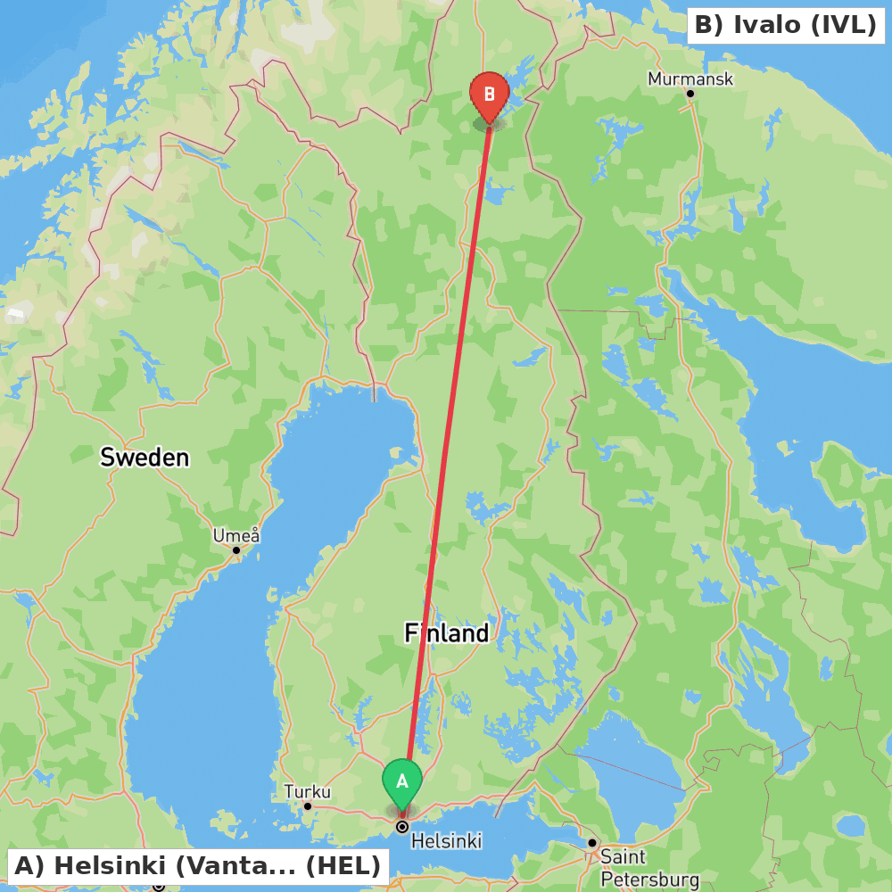 Flight route map from Helsinki (Vantaa) to Ivalo