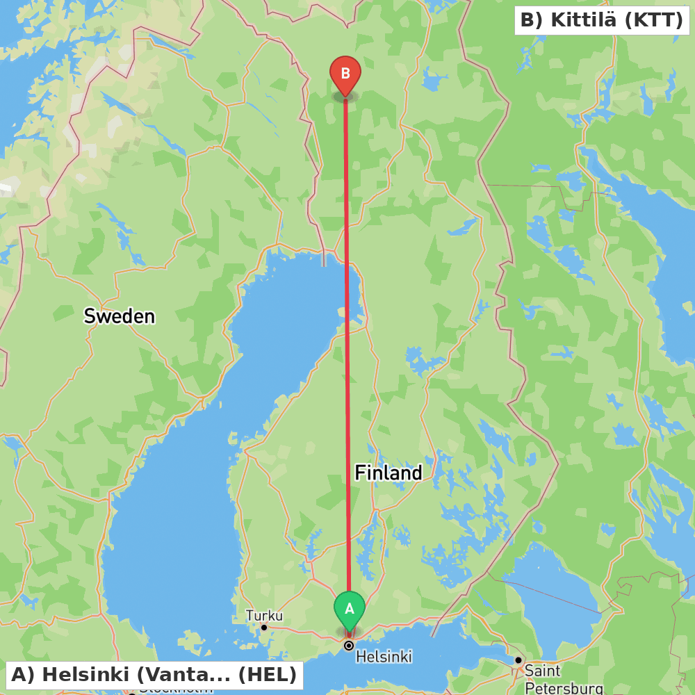 Flight route map from Helsinki (Vantaa) to Kittilä
