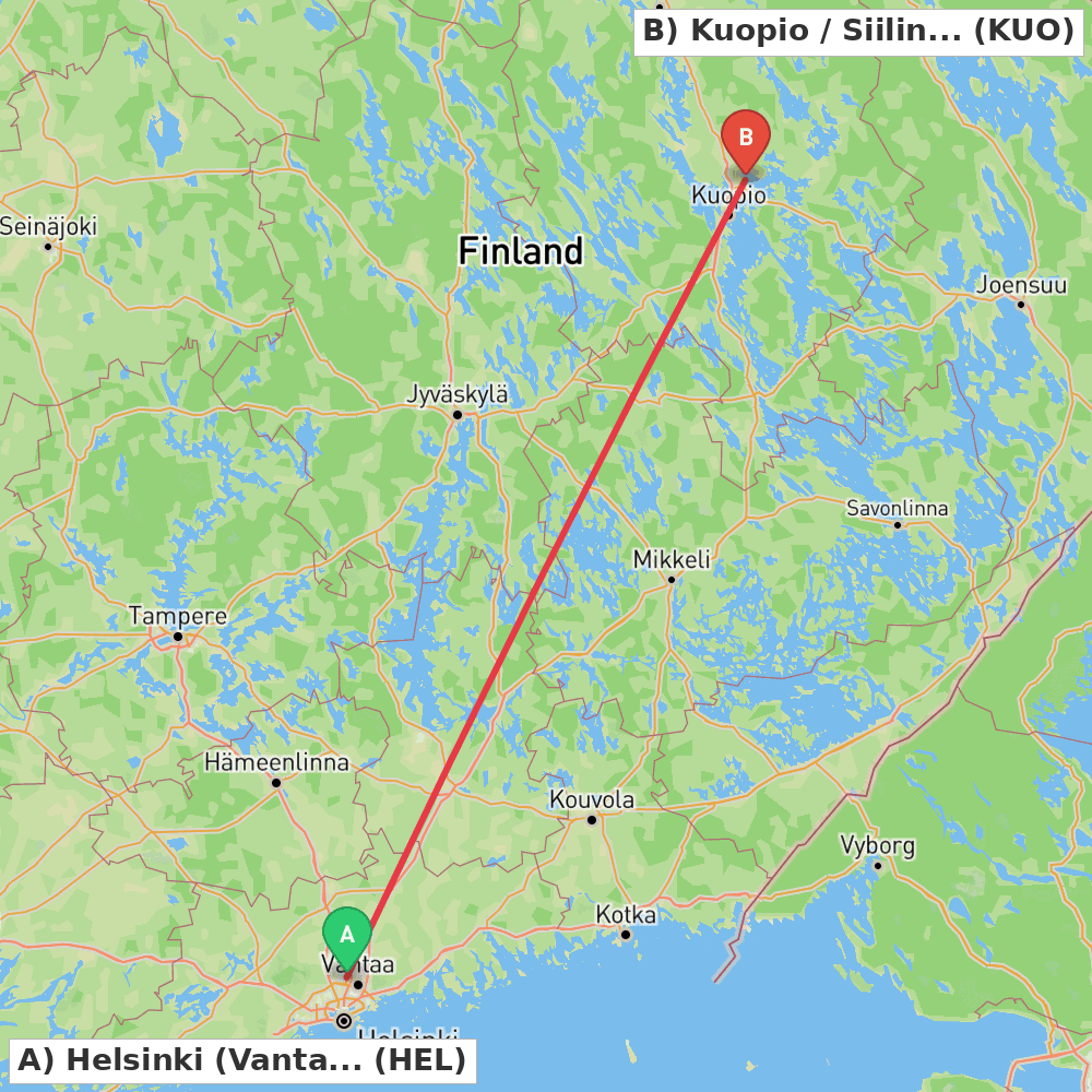 Flight route map from Helsinki (Vantaa) to Kuopio / Siilinjärvi
