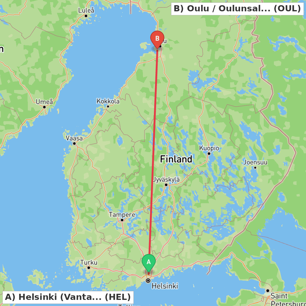 Flight route map from Helsinki (Vantaa) to Oulu / Oulunsalo