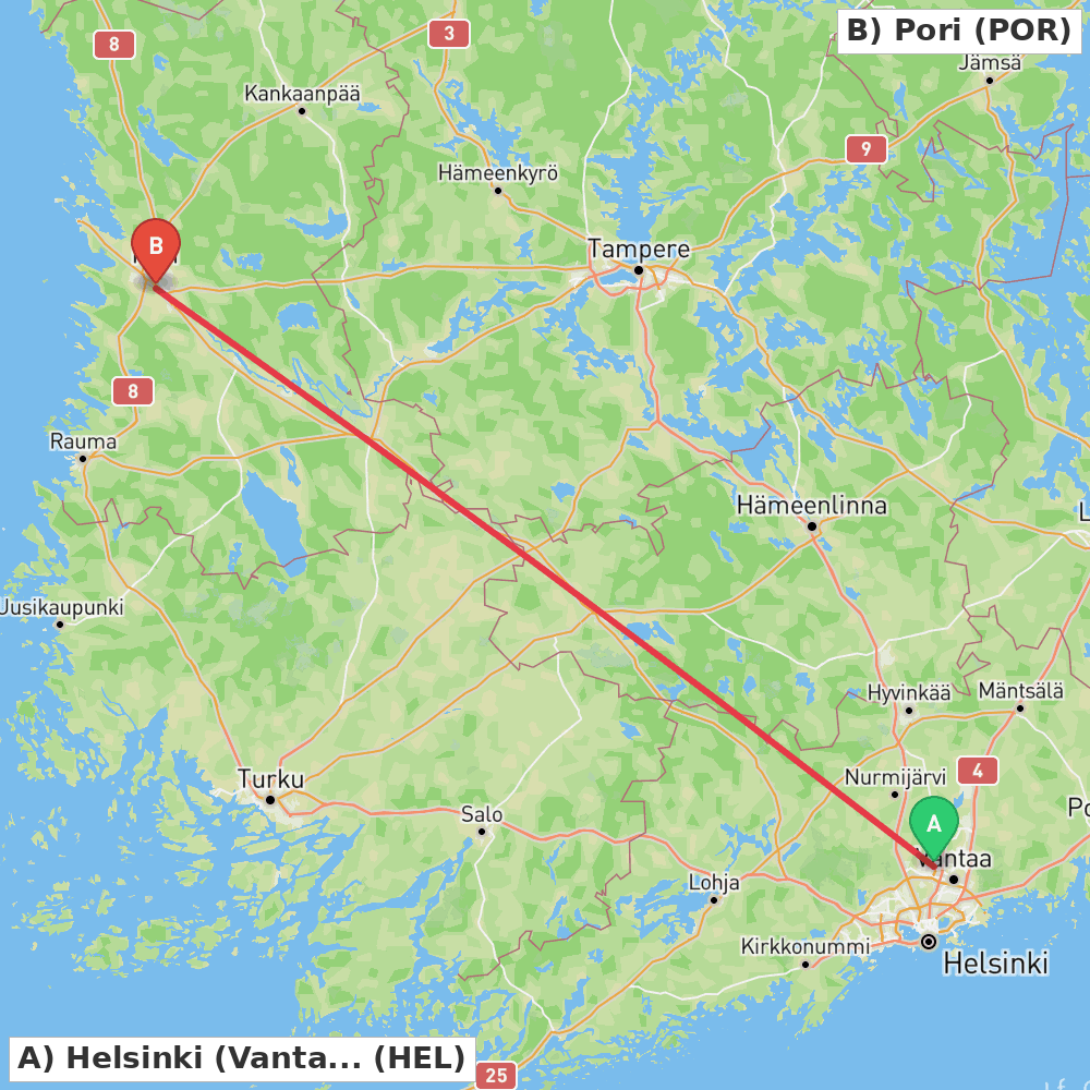 Flight route map from Helsinki (Vantaa) to Pori