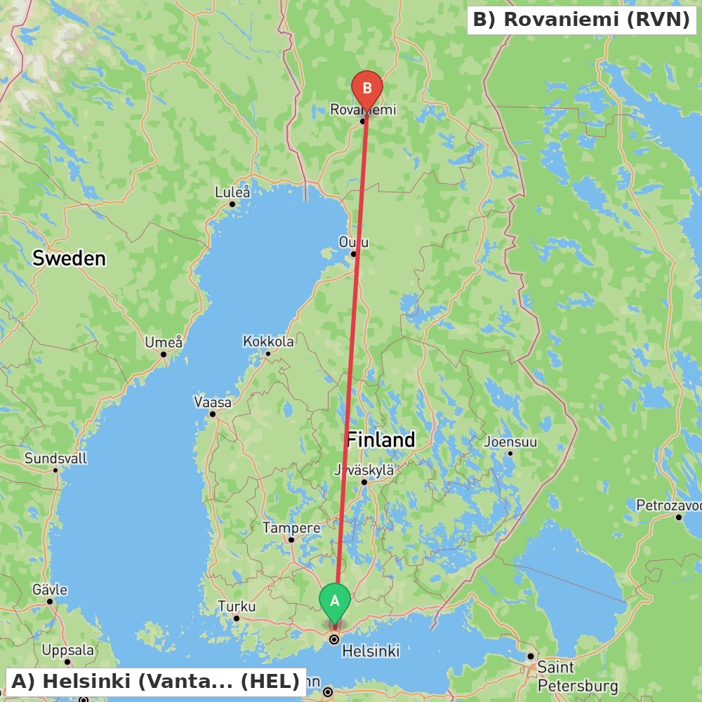 Flight route map from Helsinki (Vantaa) to Rovaniemi