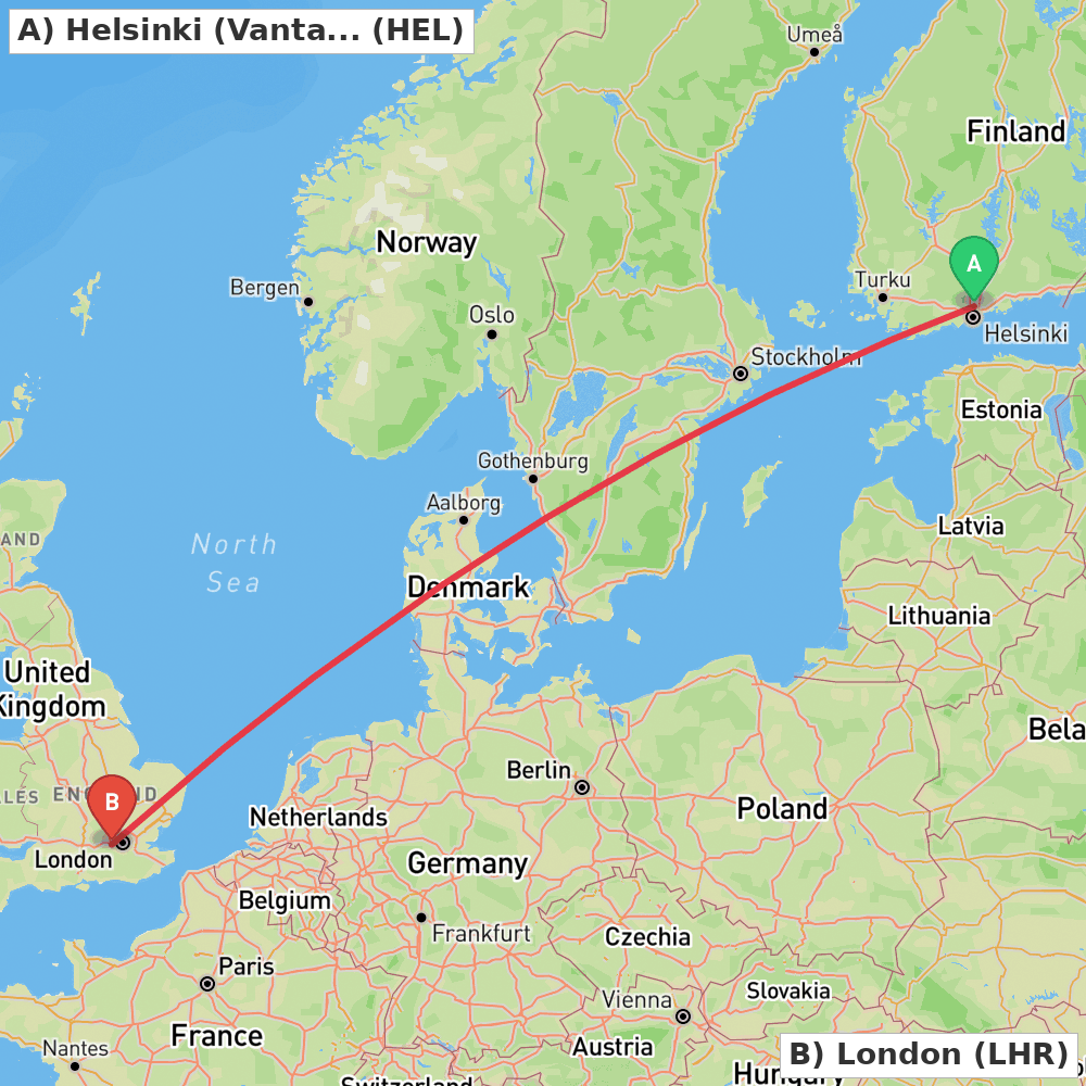Flight route map from Helsinki (Vantaa) to London
