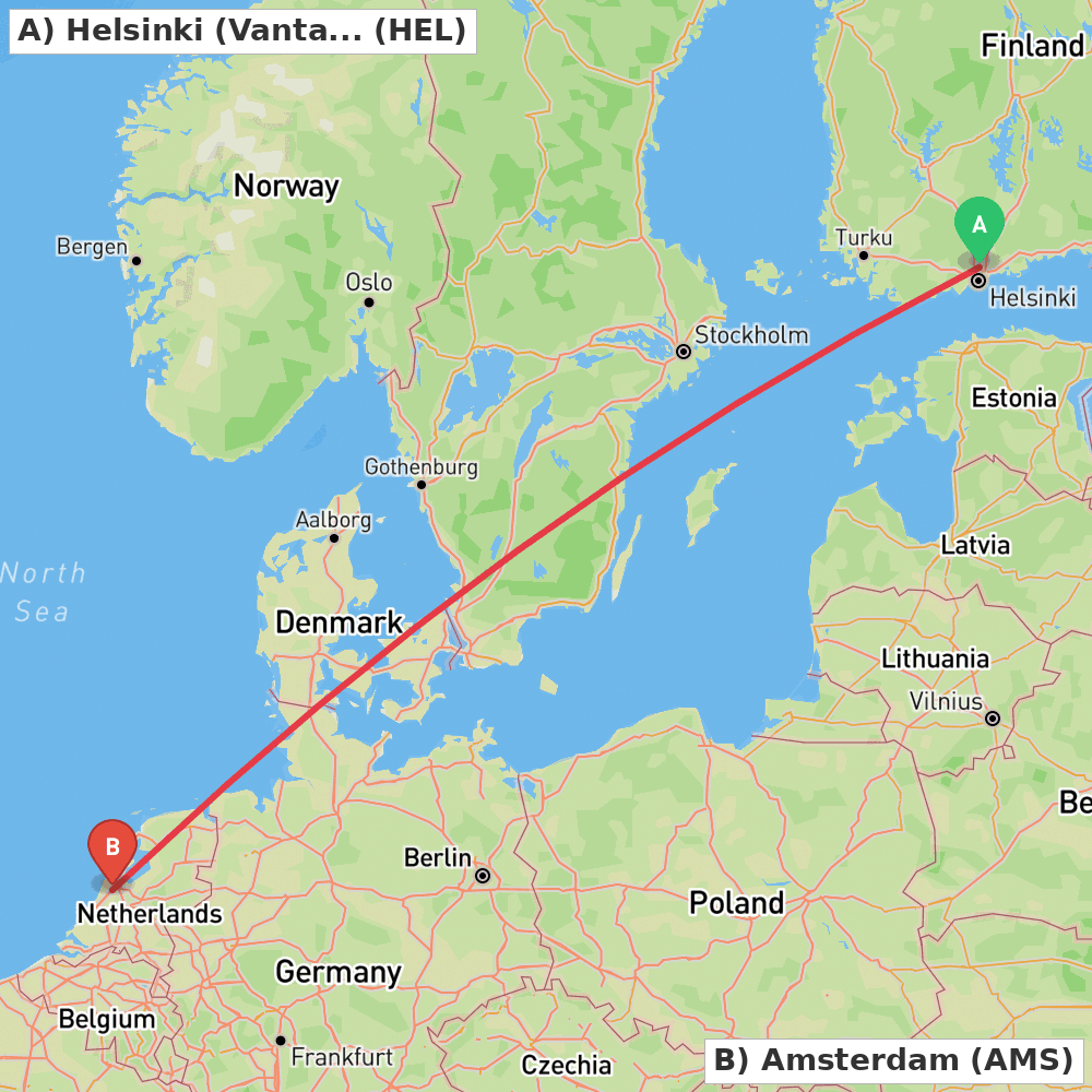 Flight route map from Helsinki (Vantaa) to Amsterdam