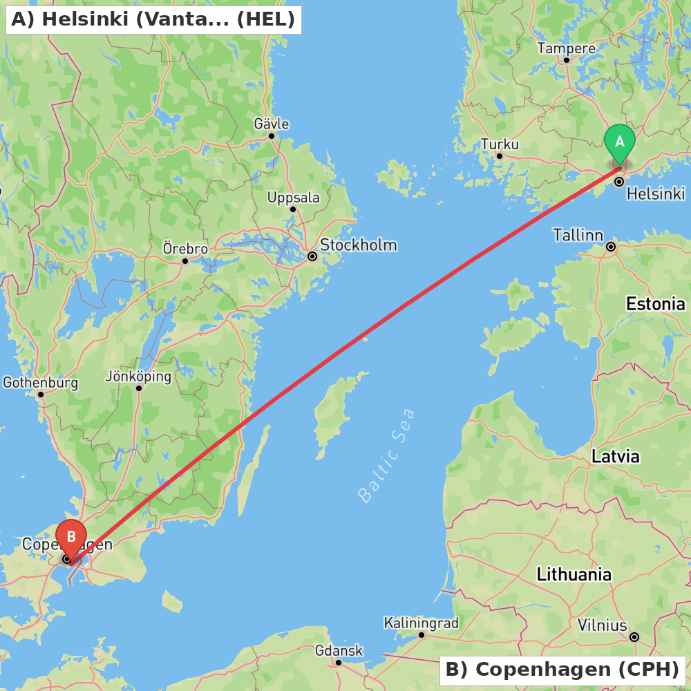 Flight route map from Helsinki (Vantaa) to Copenhagen