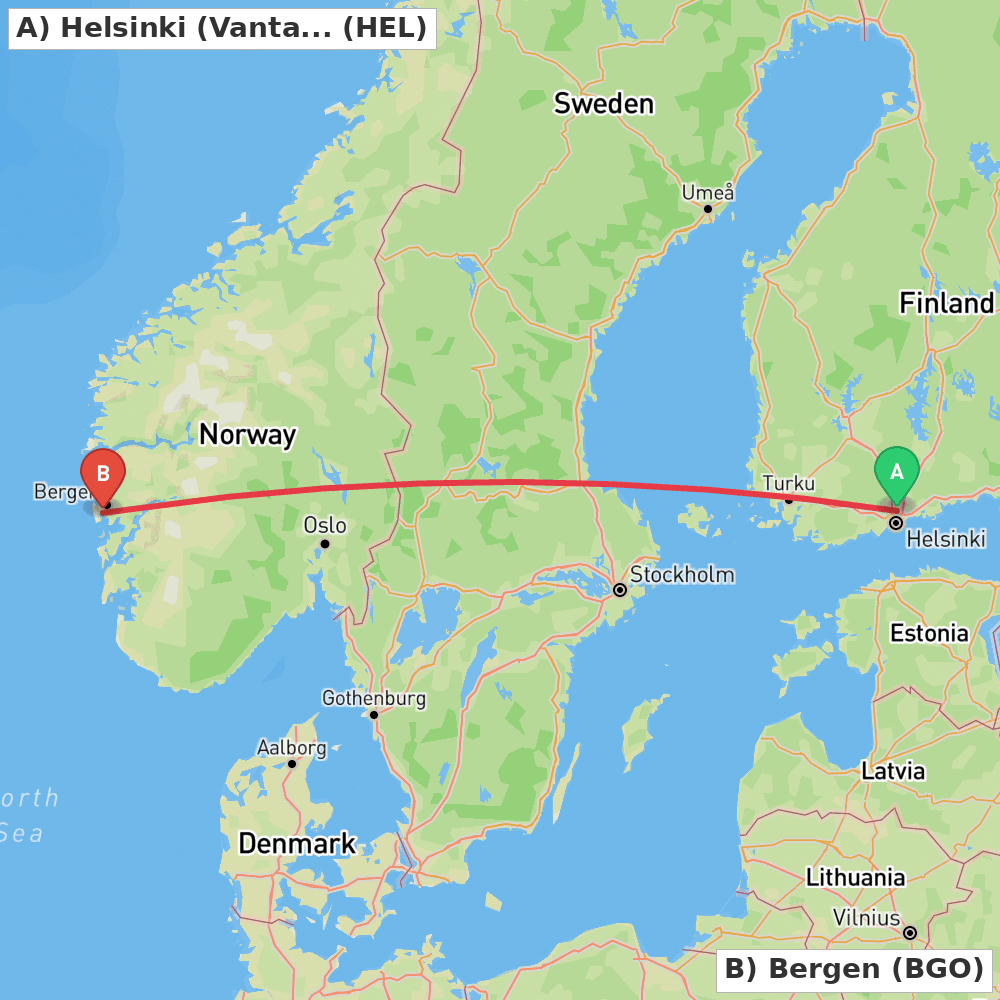 Flight route map from Helsinki (Vantaa) to Bergen