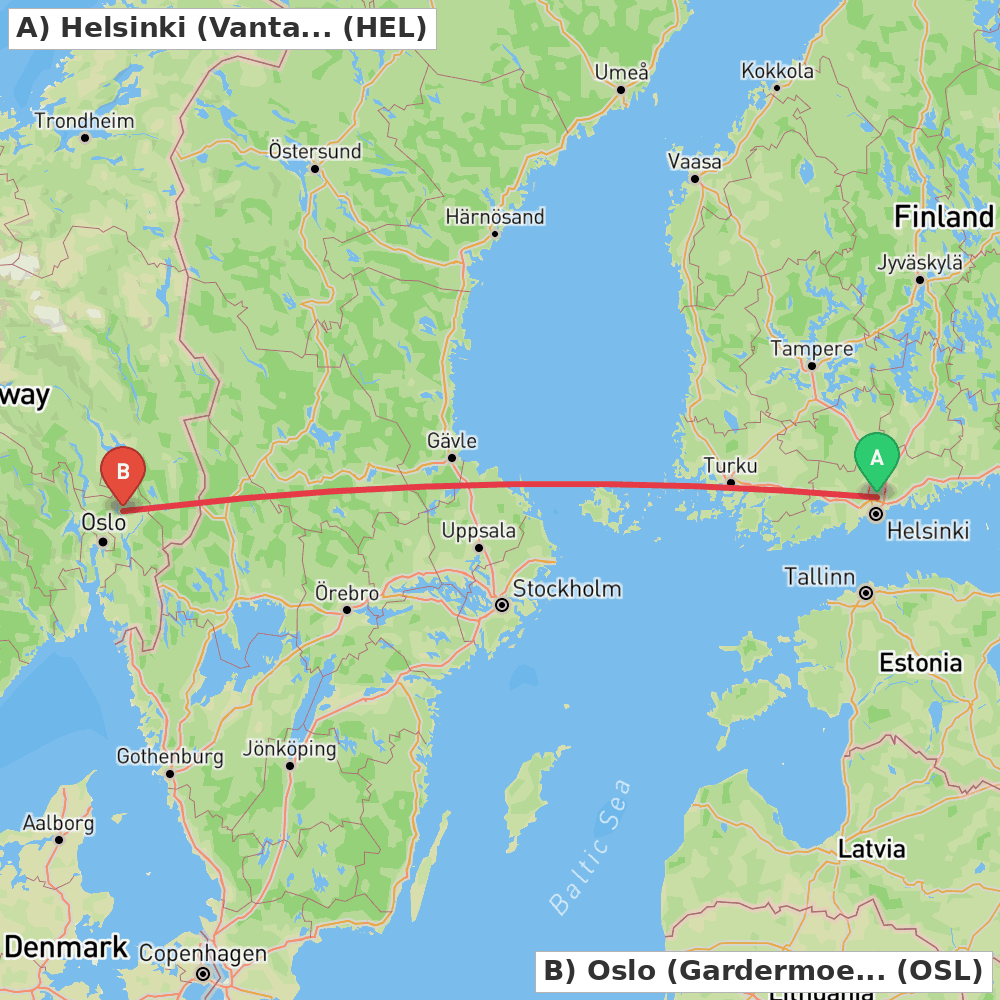 Flight route map from Helsinki (Vantaa) to Oslo (Gardermoen)