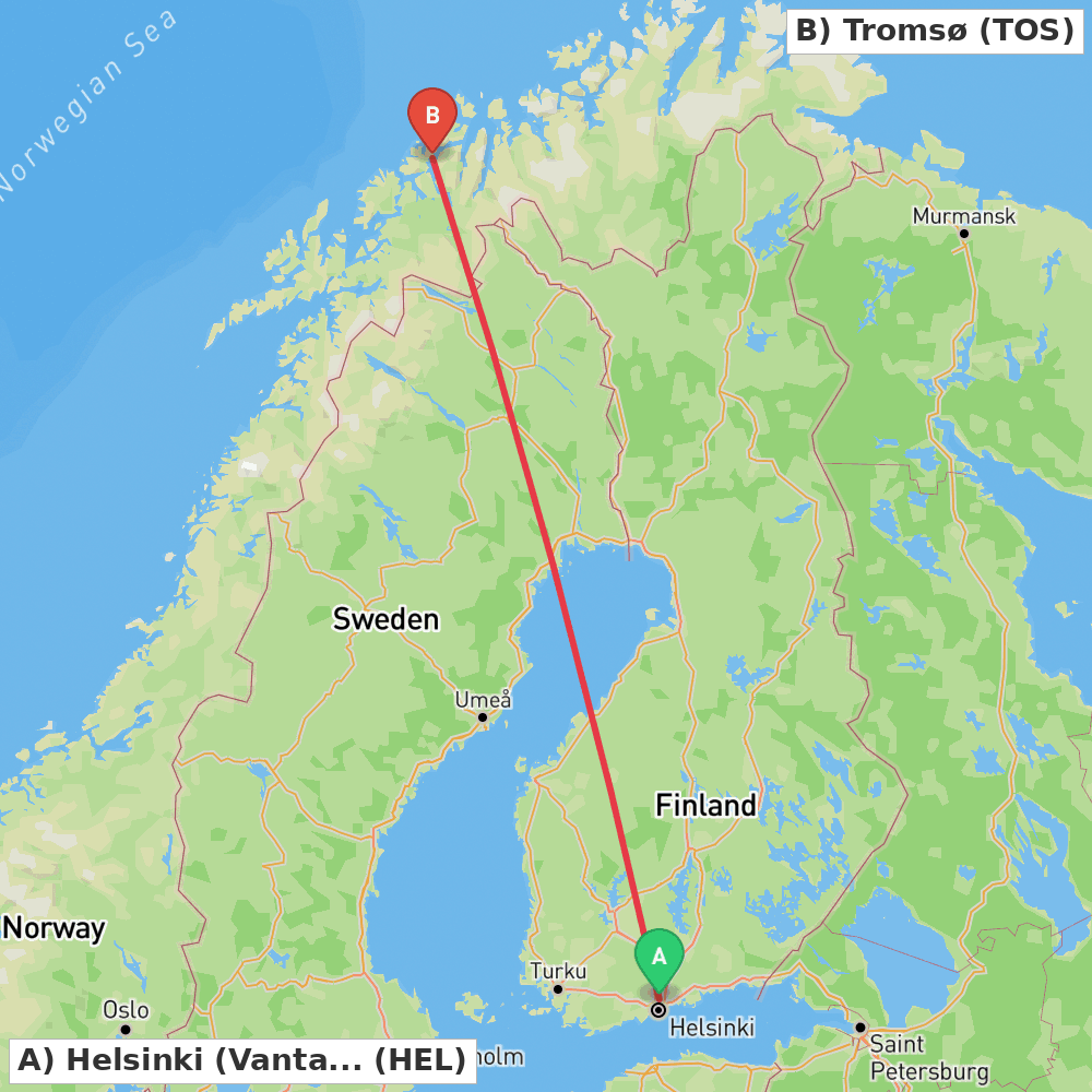Flight route map from Helsinki (Vantaa) to Tromsø