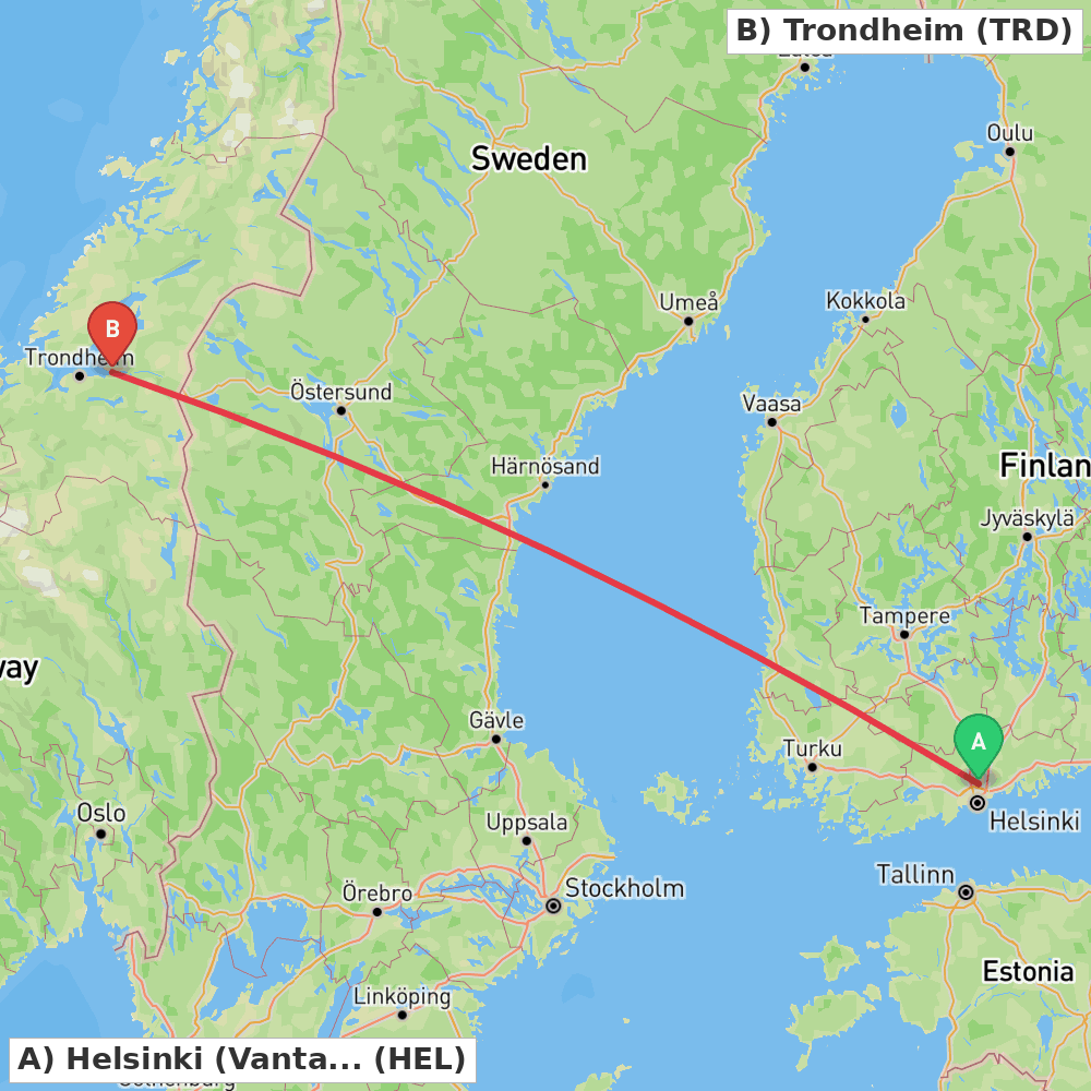 Flight route map from Helsinki (Vantaa) to Trondheim
