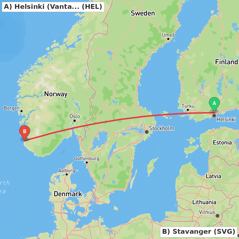 Flight route map from Helsinki (Vantaa) to Stavanger