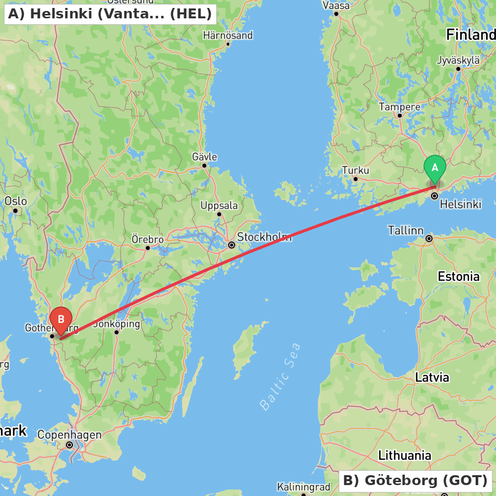 Flight route map from Helsinki (Vantaa) to Göteborg