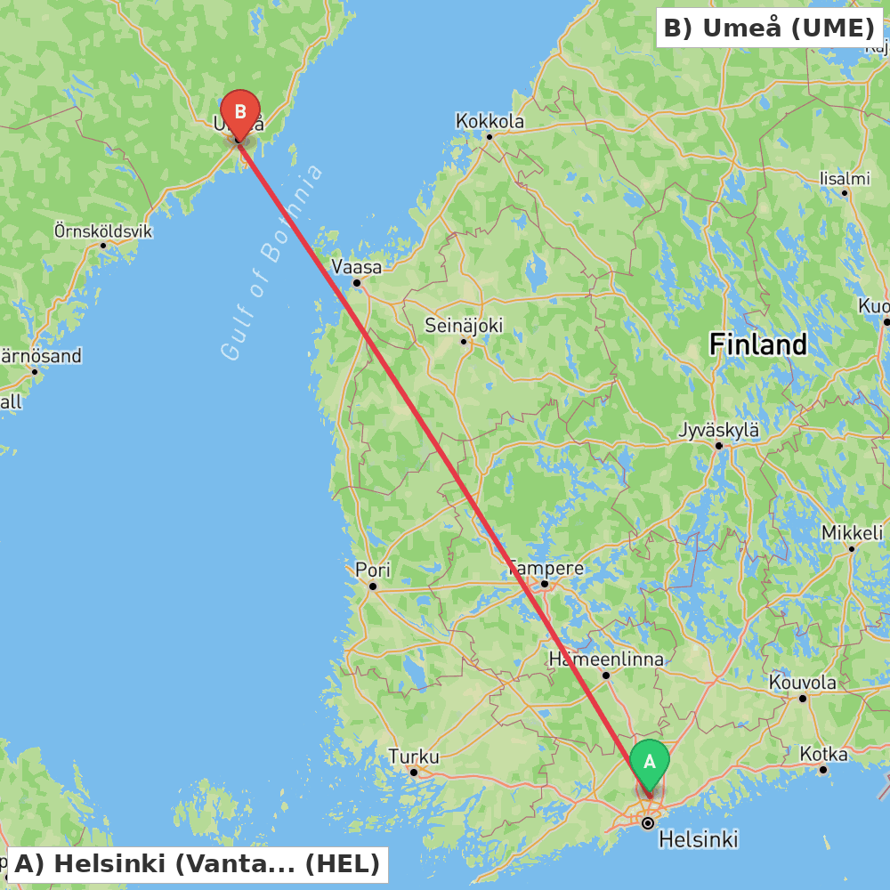 Flight route map from Helsinki (Vantaa) to Umeå