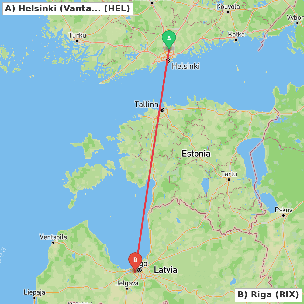 Flight route map from Helsinki (Vantaa) to Riga