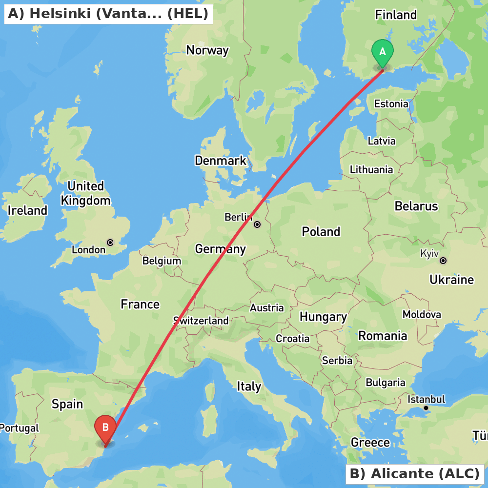 Flight route map from Helsinki (Vantaa) to Alicante