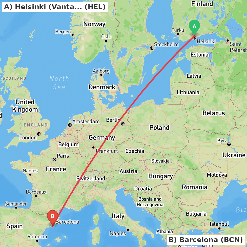 Flight route map from Helsinki (Vantaa) to Barcelona