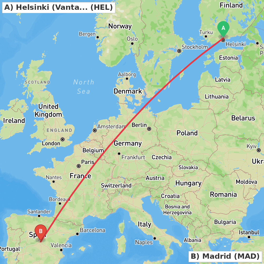 Flight route map from Helsinki (Vantaa) to Madrid