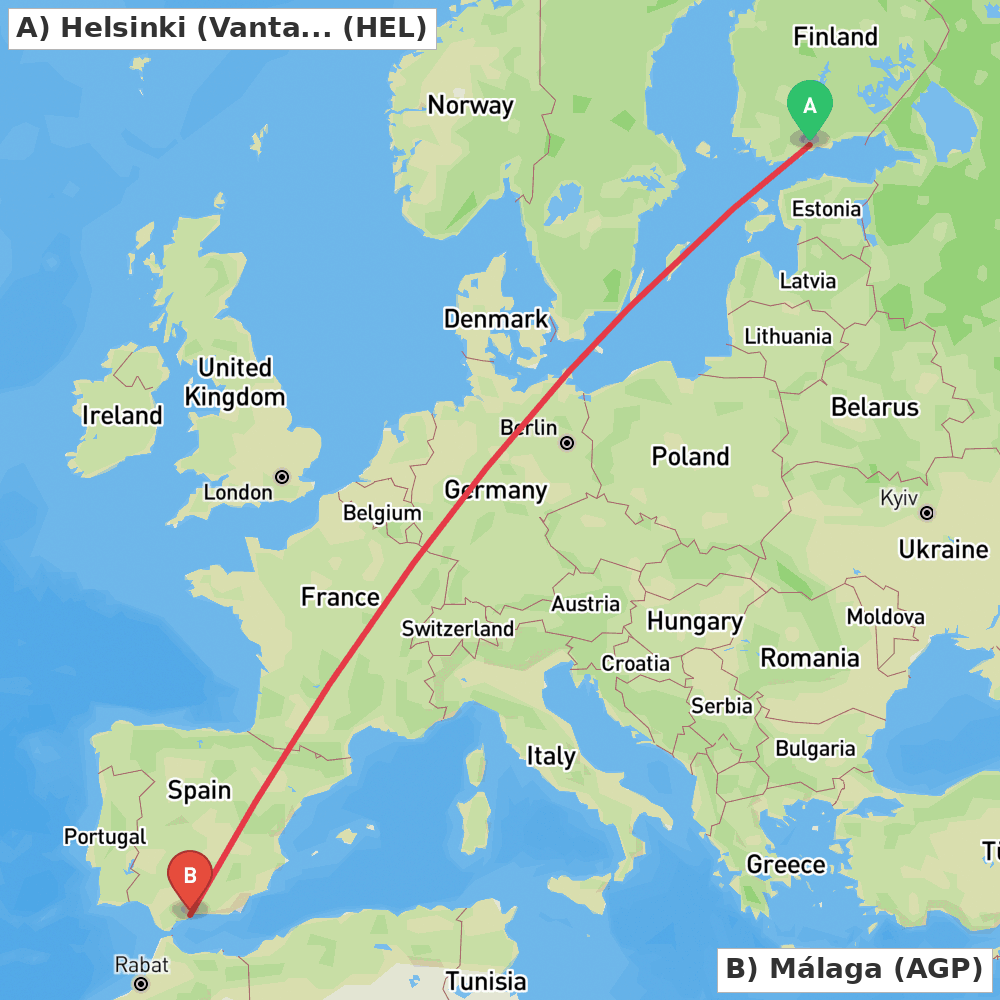 Flight route map from Helsinki (Vantaa) to Málaga