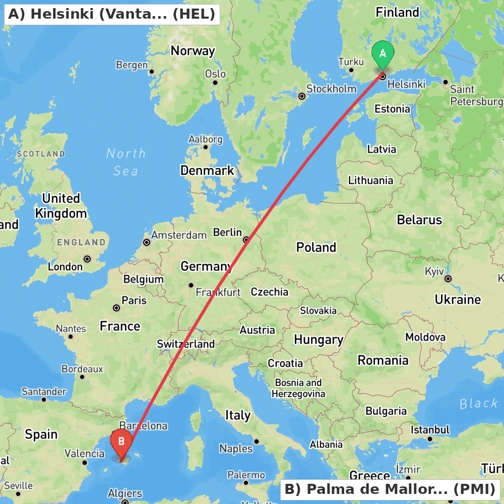 Flight route map from Helsinki (Vantaa) to Palma de Mallorca