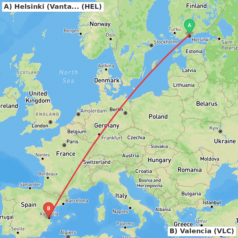Flight route map from Helsinki (Vantaa) to Valencia