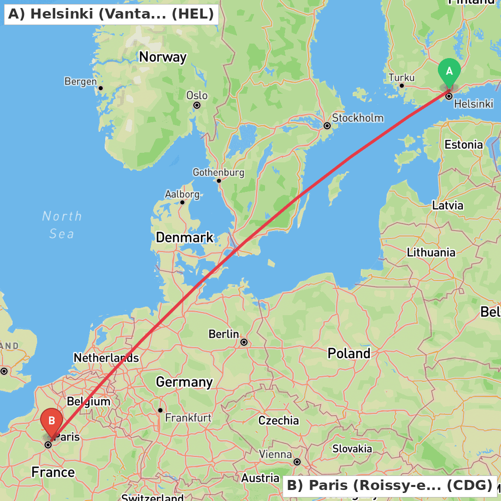 Flight route map from Helsinki (Vantaa) to Paris (Roissy-en-France, Val-d'Oise)