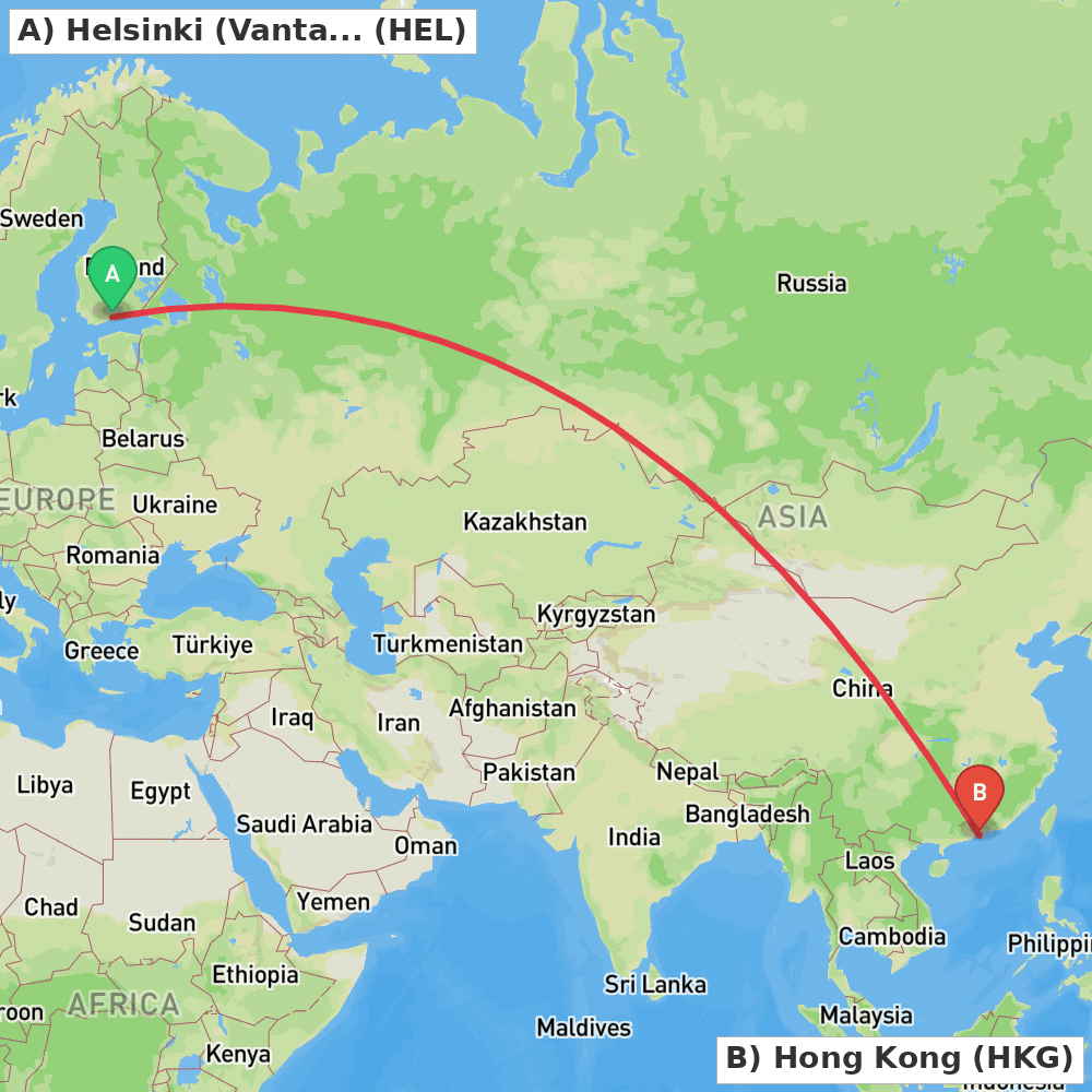 Flight route map from Helsinki (Vantaa) to Hong Kong