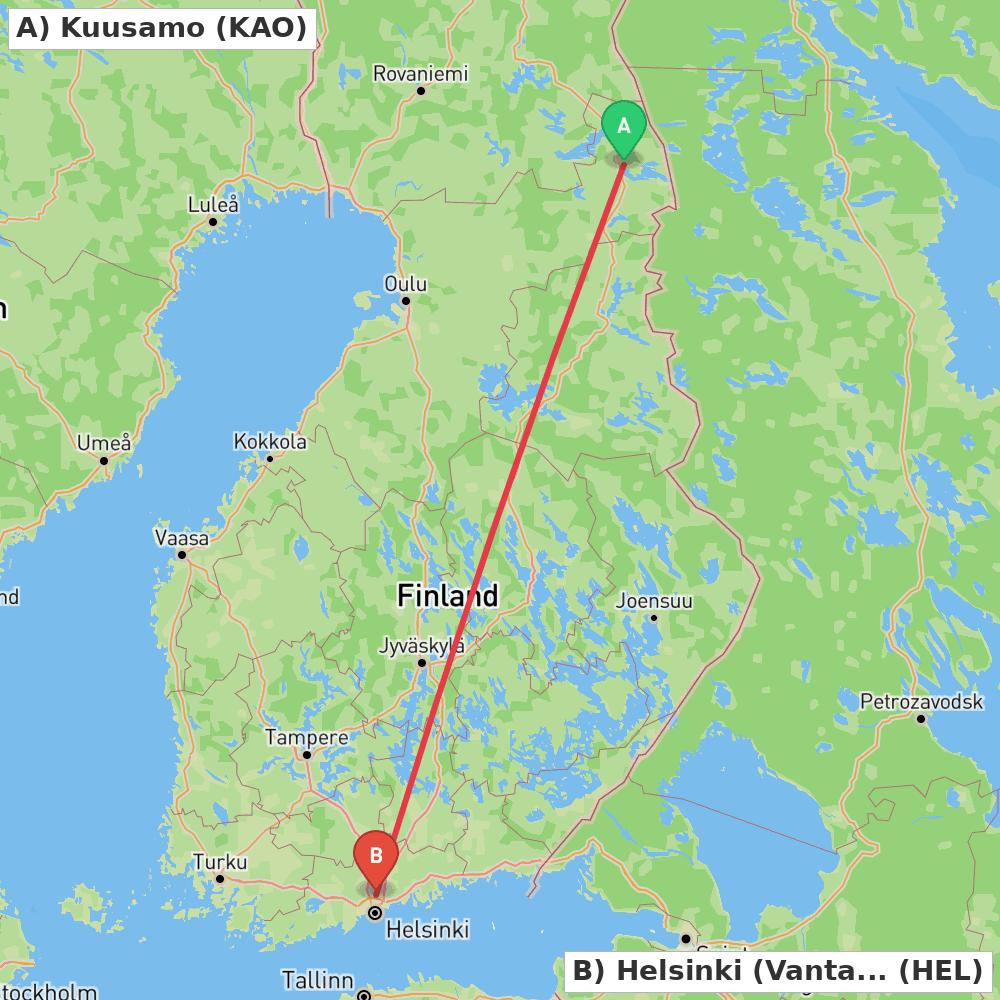 Flight route map from Kuusamo to Helsinki (Vantaa)