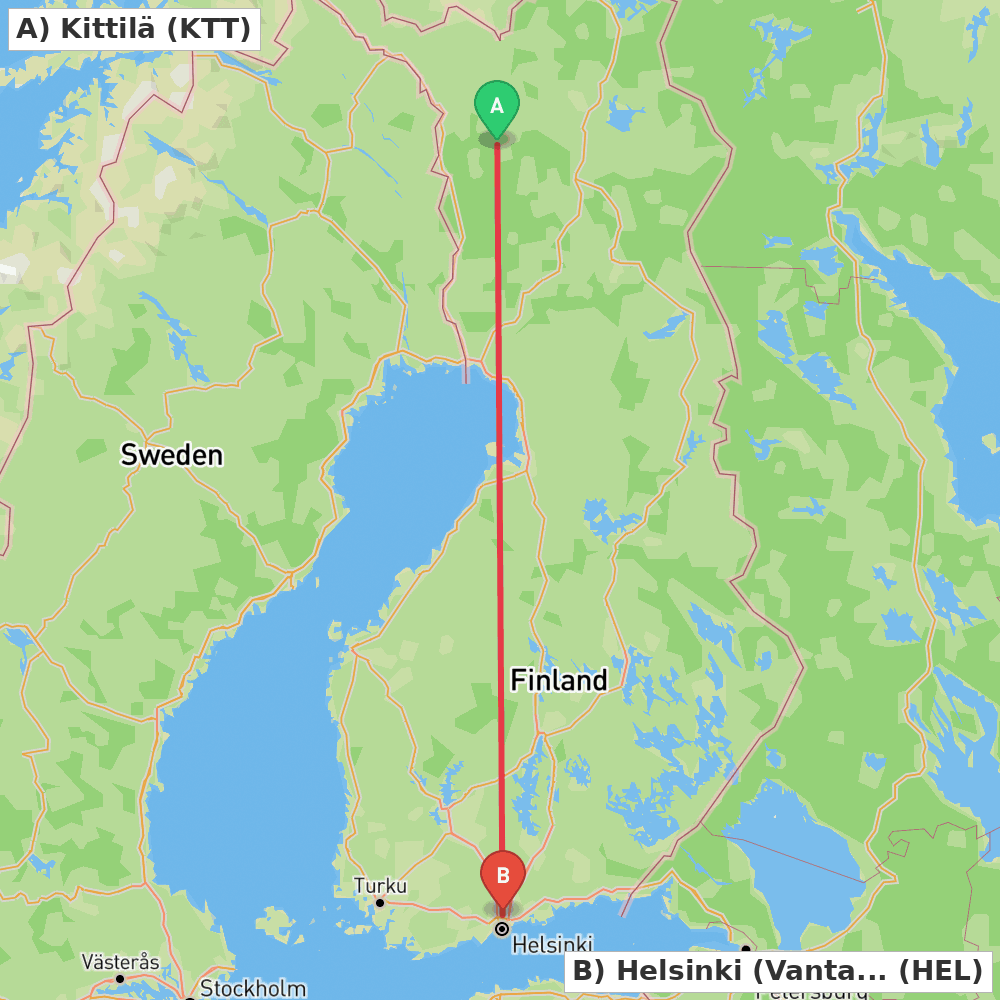 Flight route map from Kittilä to Helsinki (Vantaa)