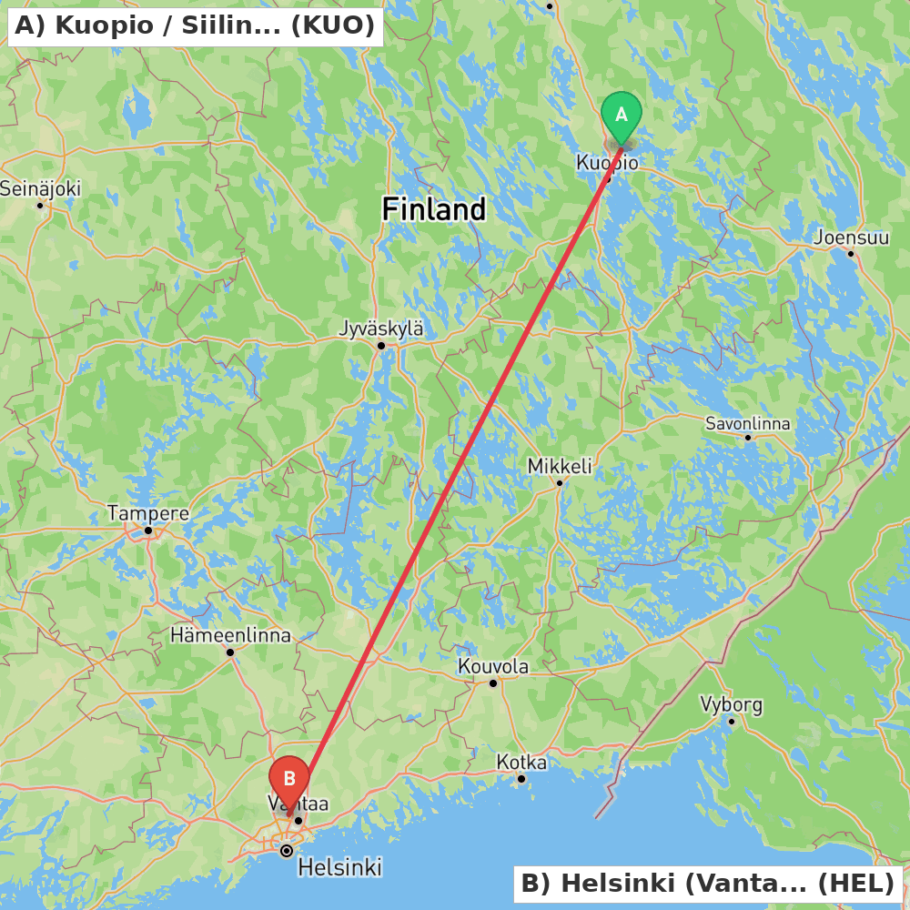 Flight route map from Kuopio / Siilinjärvi to Helsinki (Vantaa)